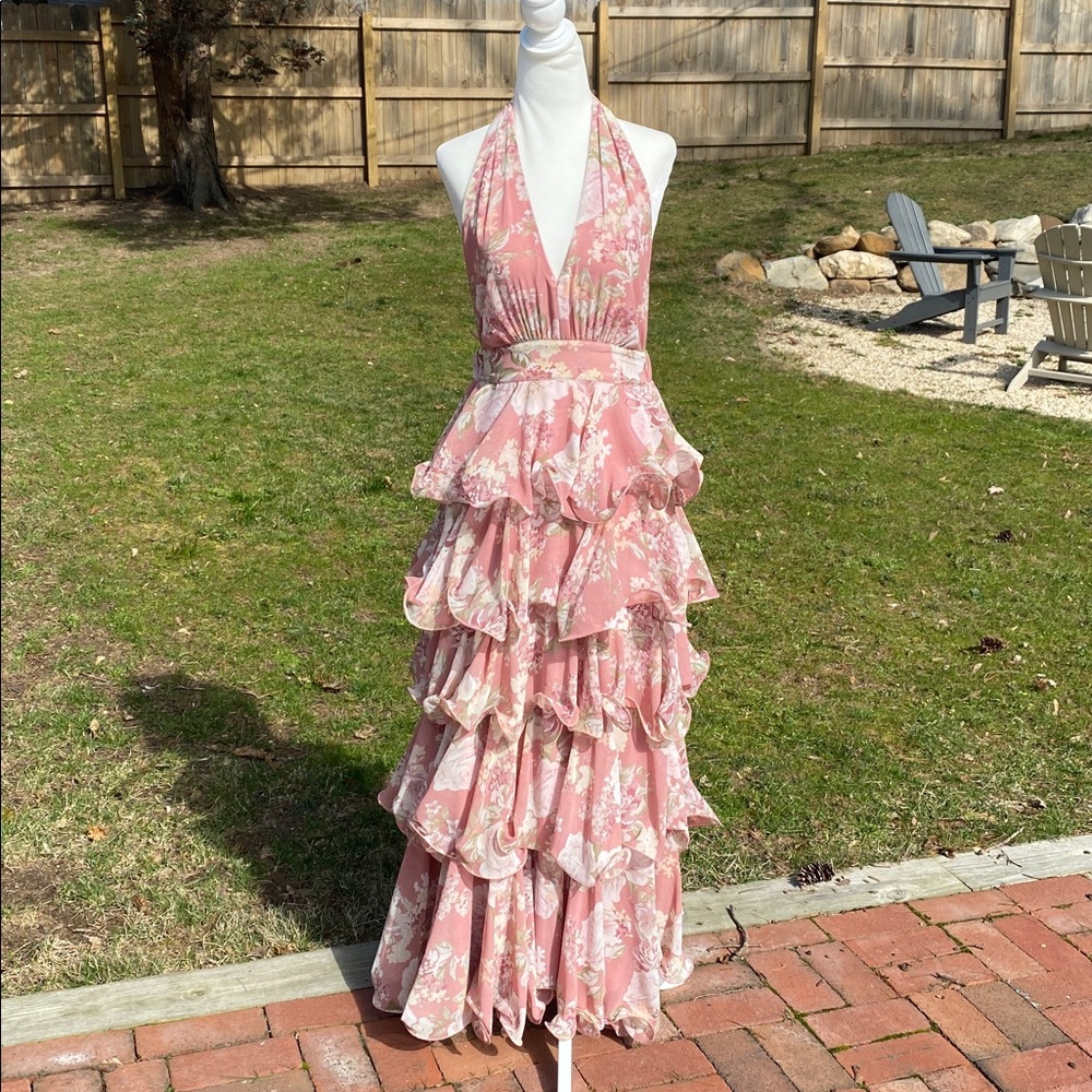 Petal & Pup Pink Floral Halter Ruffle Maxi Dress